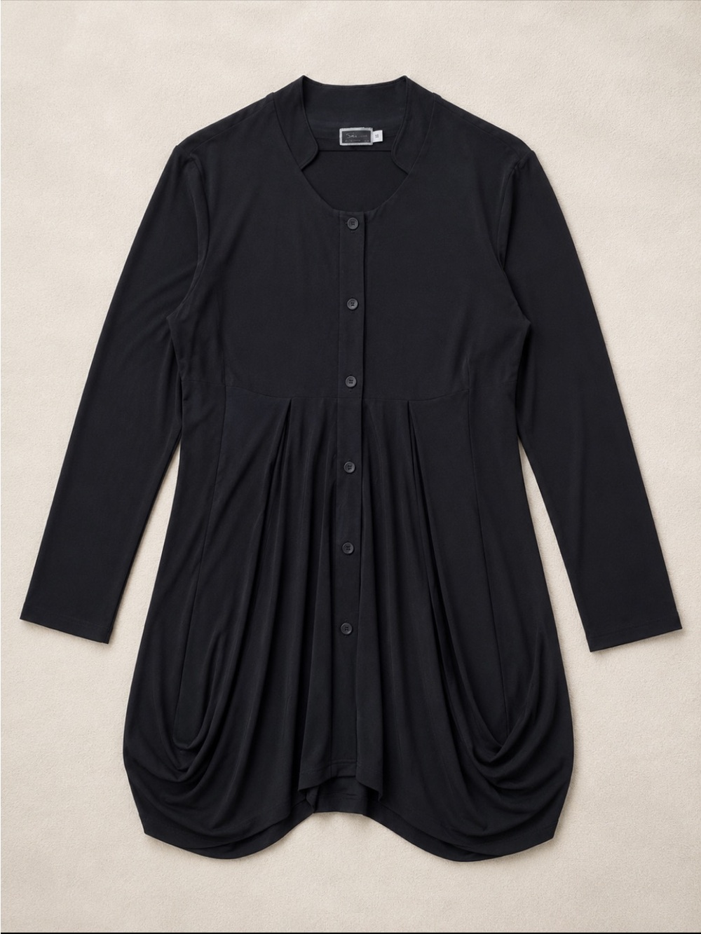 Sympli Button Front Tunic Dress Woman 14 Black Pockets Ruched Hem Stretch Travel
